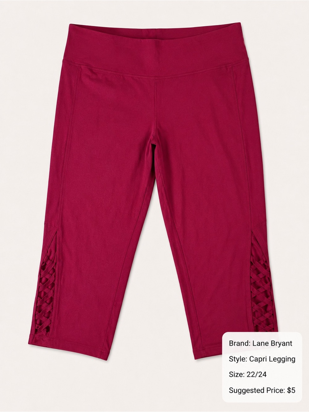 Lane Bryant ' Wine Red Capri Leggings with Lattice Side Detail